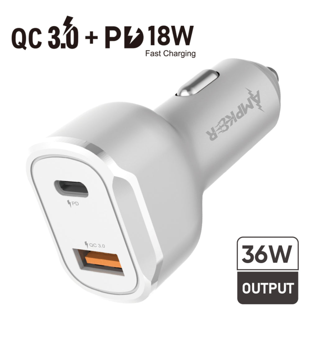 Universal QC3.0 + PD 18W Single White Car Adapter with DUAL ports
