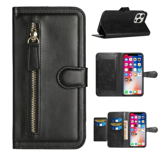 iPhone 14 6.1" Premium Wallet MultiCard Holder Money Zipper With Magnetic Flap - Black