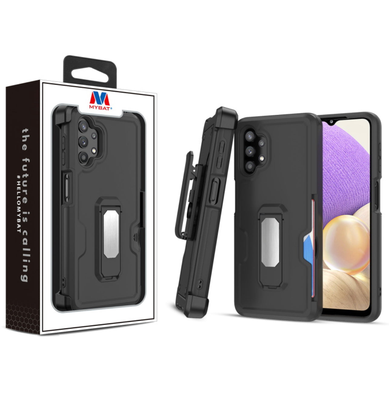 MyBat Grip Stand Protector Case Combo (with Black Holster)(with Card Wallet) for Samsung Galaxy A32 5G