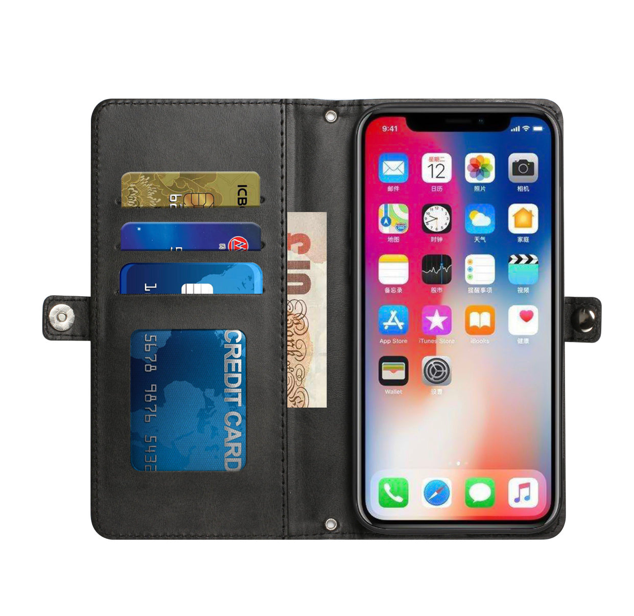 iPhone 14 PRO 6.1" Wallet Premium PU Vegan Leather ID Multiple Card Holder Money with Strap - Black