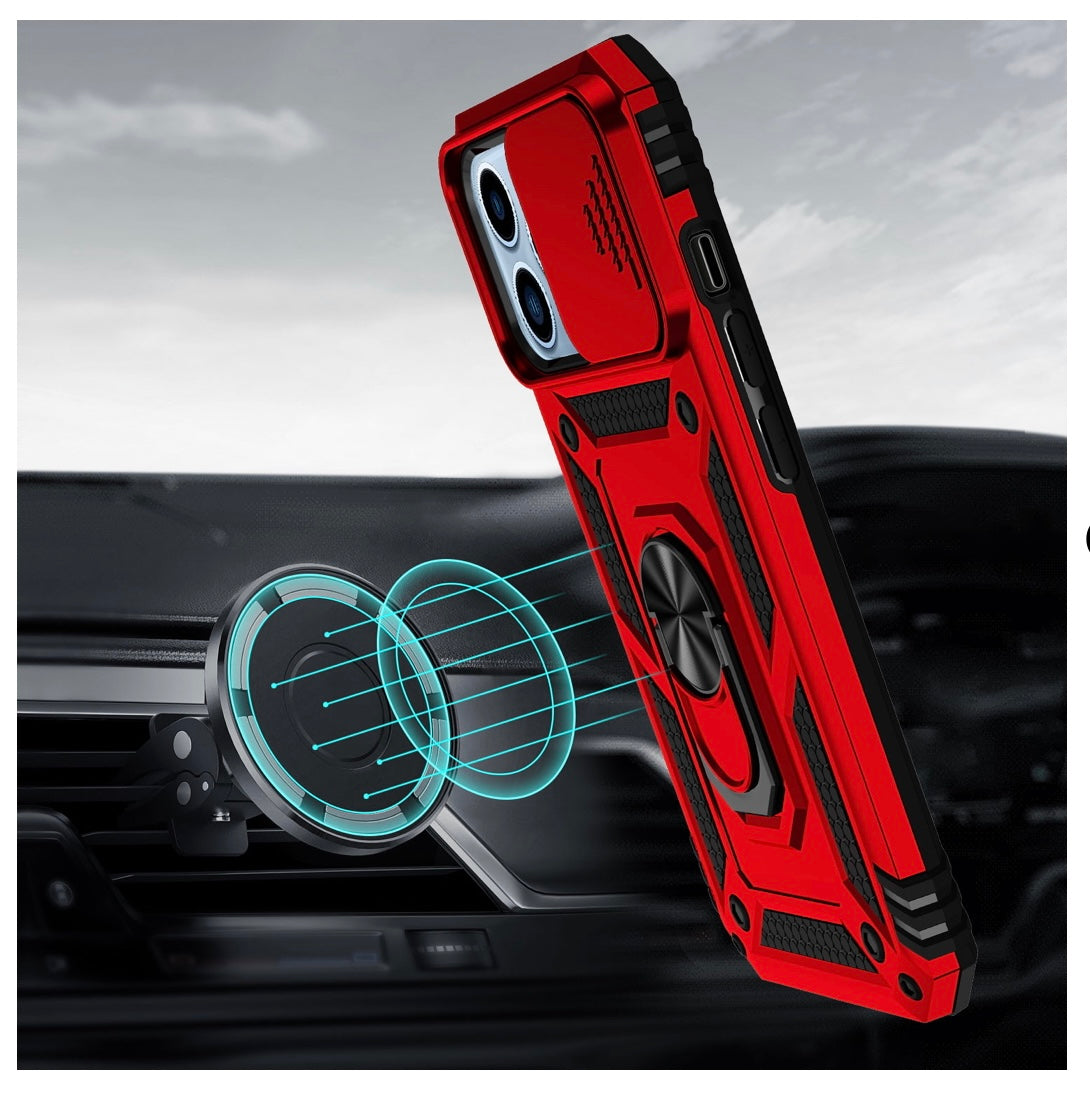 iPhone 14 PRO 6.1" Well Protective Magentic Ring Stand Camera Protective Cover Case - Red