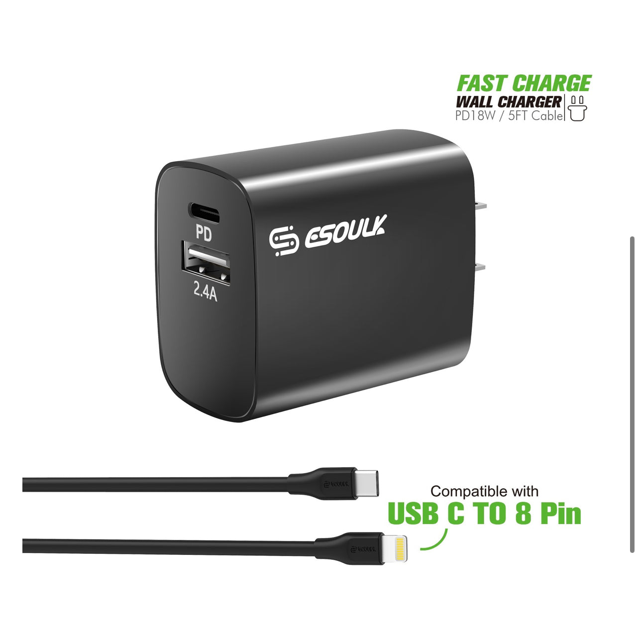 18W Wall Charger PD & USB-A With 5ft C To IPhone Cable For IPhone