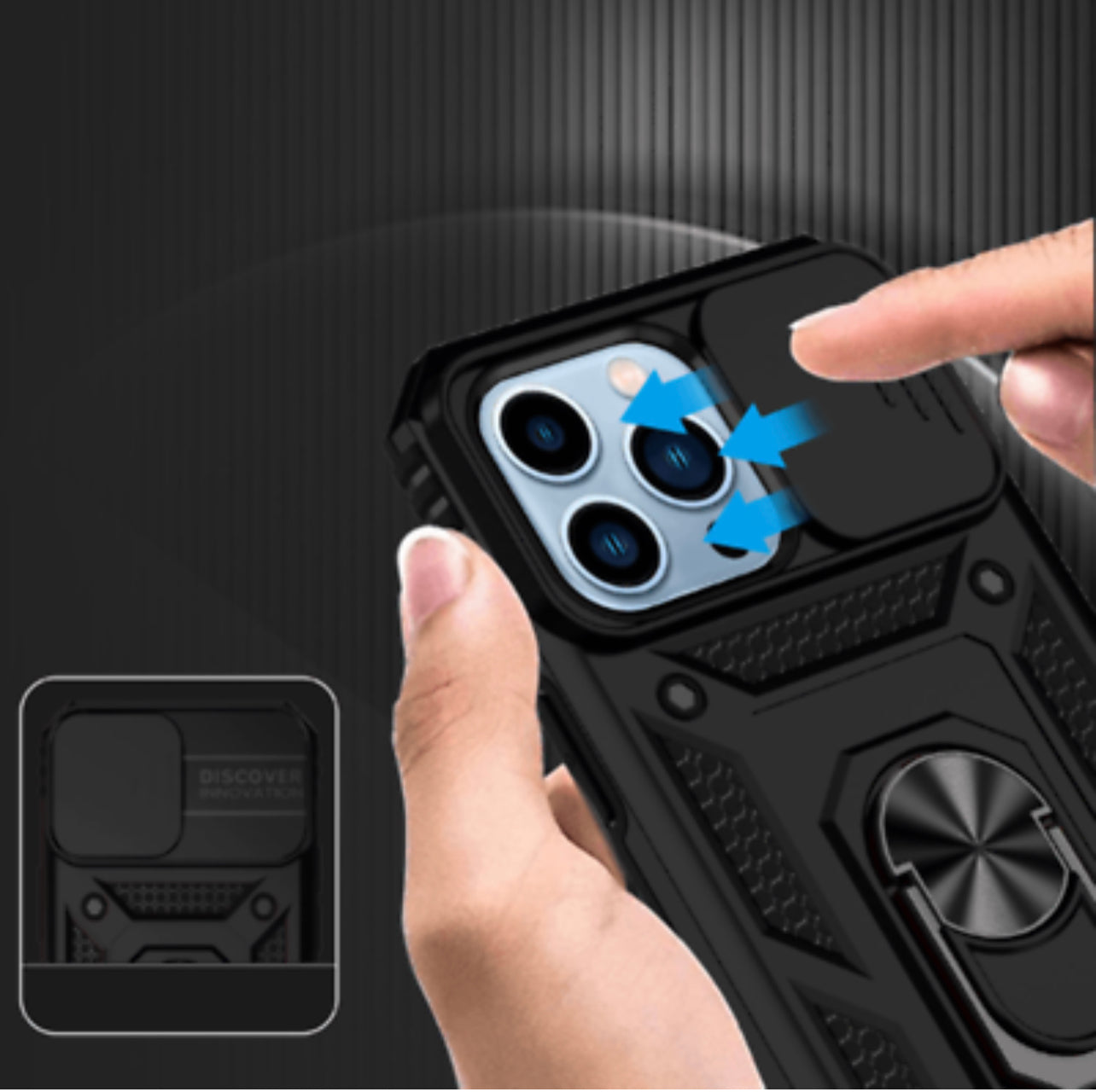 iPhone 14 PRO 6.1”  Camera Push Magnetic Ring Stand Hybrid Case Cover - Black