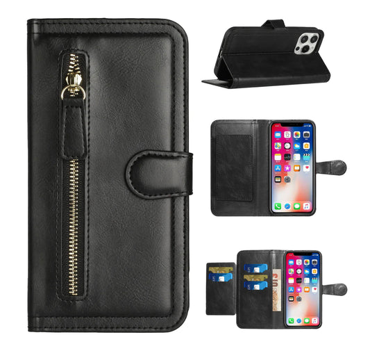 iPhone 14 PRO MAX 6.7" Premium Wallet MultiCard Holder Money Zipper With Magnetic Flap - Black