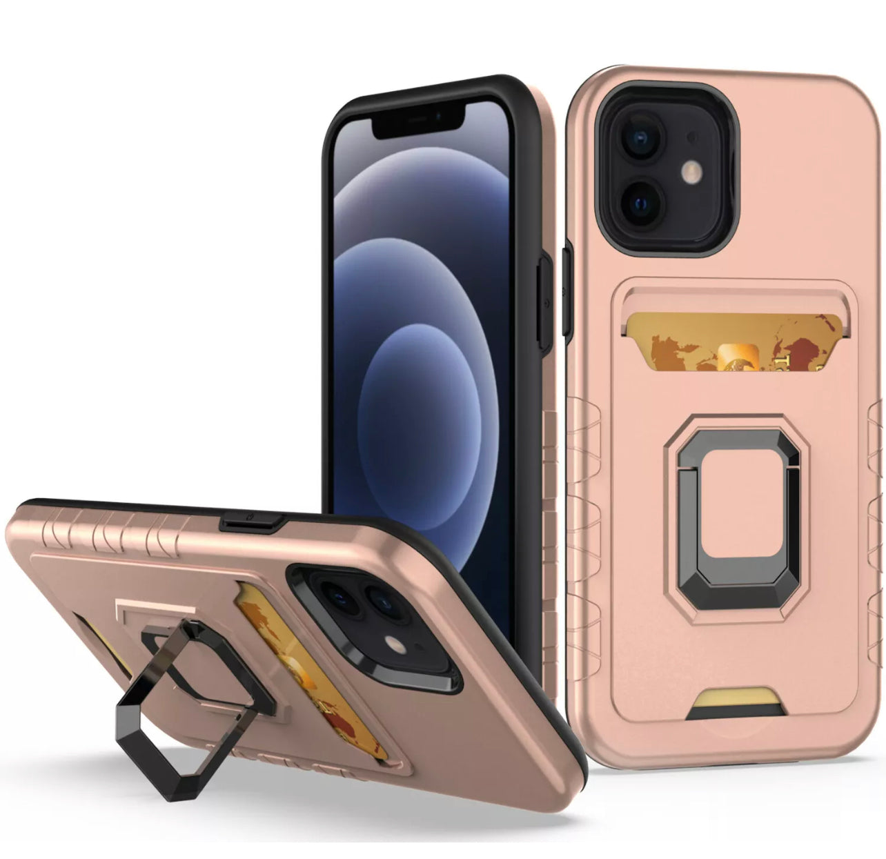 iPhone 13 6.1 Card Holder with Magnetic Ring Stand Hybrid Case Cover