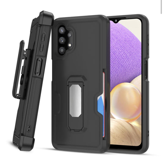 MyBat Grip Stand Protector Case Combo (with Black Holster)(with Card Wallet) for Samsung Galaxy A32 5G