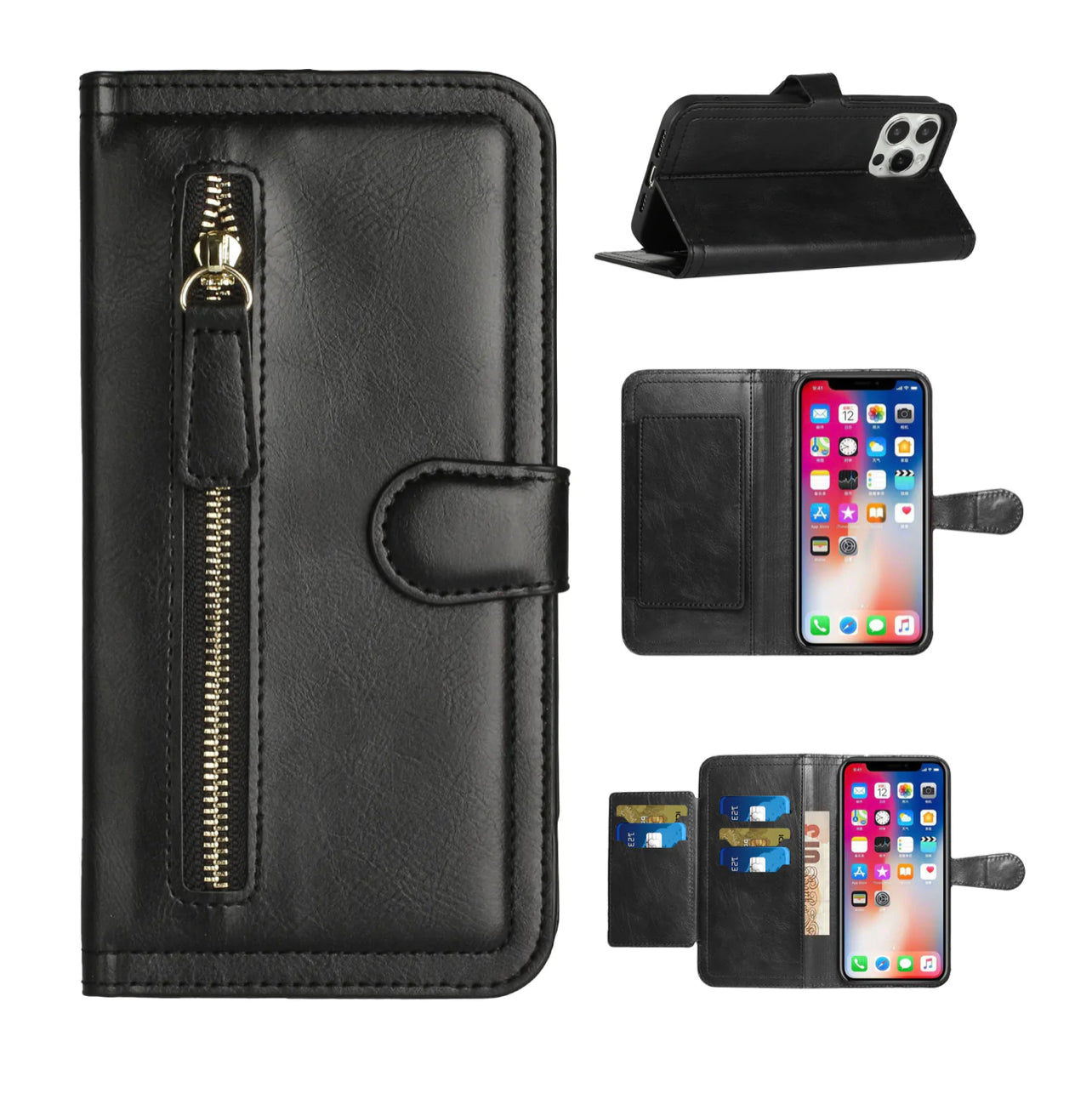 For iPhone 13 Pro Max Premium Wallet MultiCard Holder Money Zipper With Magnetic Flap