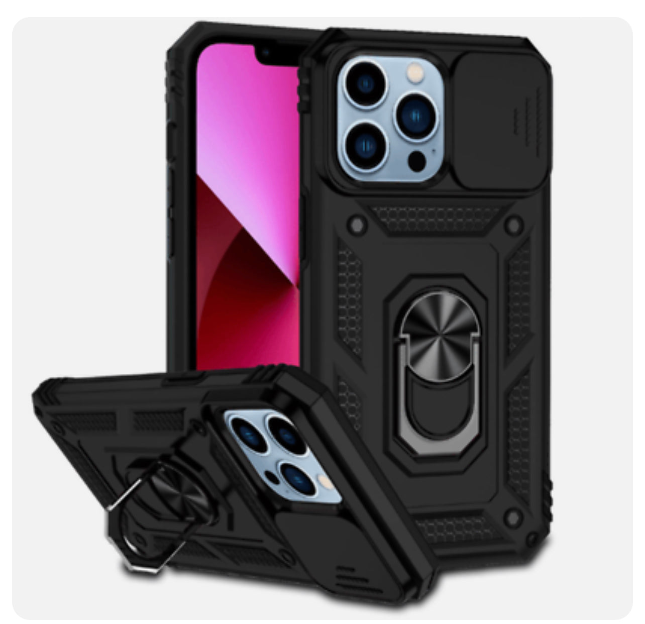 iPhone 14 PRO 6.1”  Camera Push Magnetic Ring Stand Hybrid Case Cover - Black