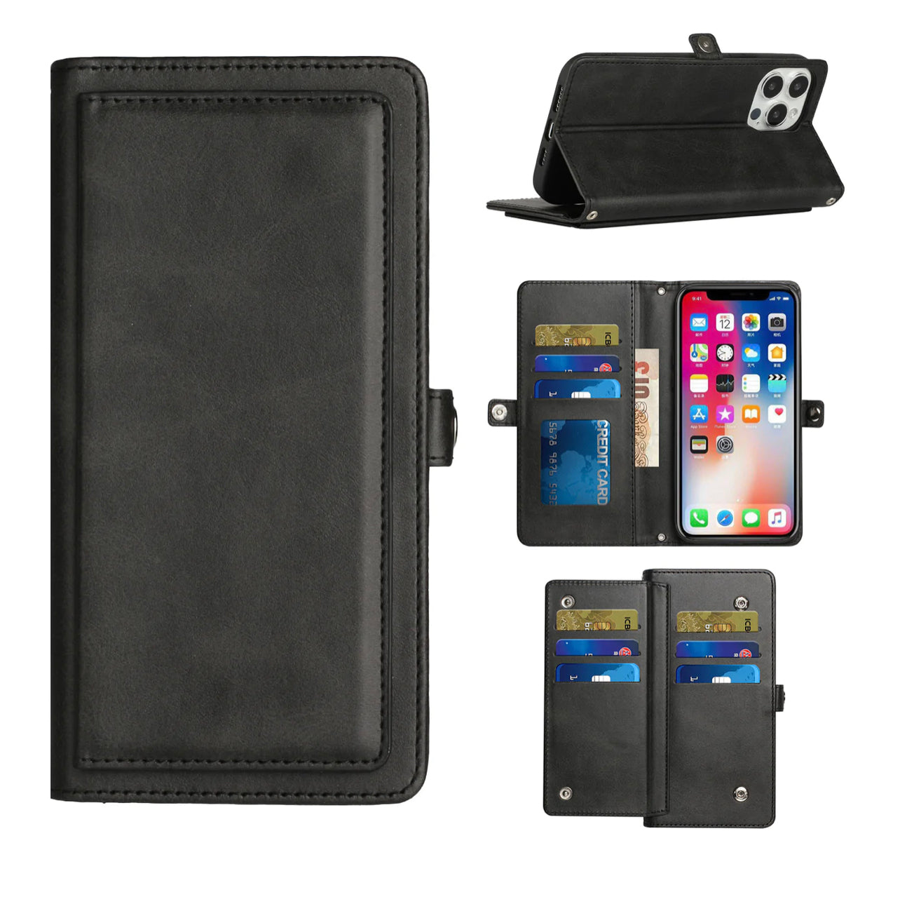 iPhone 14 PRO MAX 6.7" Wallet Premium PU Vegan Leather ID Multiple Card Holder Money with Strap