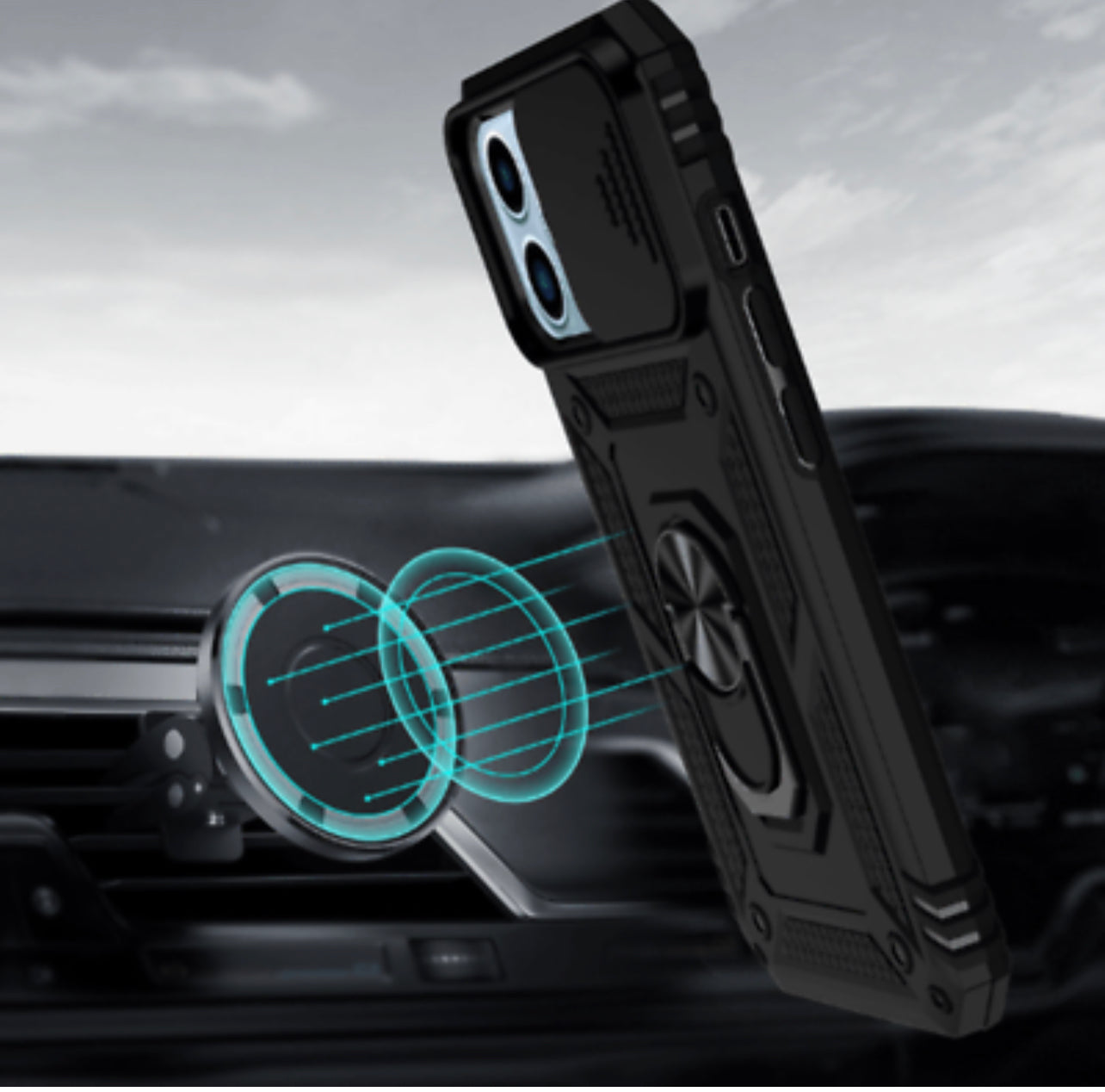 iPhone 14 PRO 6.1”  Camera Push Magnetic Ring Stand Hybrid Case Cover - Black