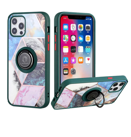 iPhone 14 6.1" Unique IMD Design Magnetic Ring Stand Cover Case - Galaxy Marble on Green