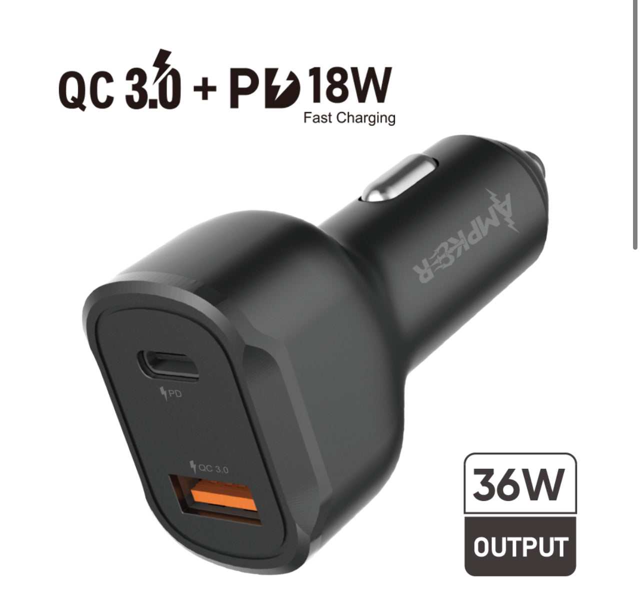 Universal QC3.0 + PD 18W Single Black Car Adapter with DUAL ports